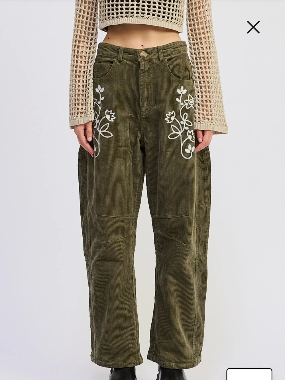 NWT Jacquie The Label SYLVIE Embroidered Barrel-leg Corduroy Olive - Picture 2 of 10